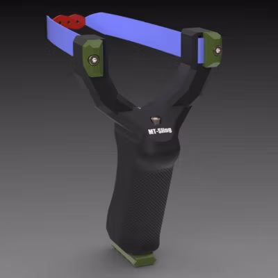 Modern black and blue 3d printed slingshot on a gray background.